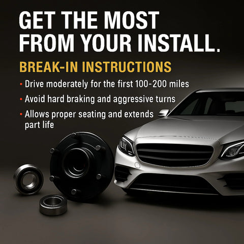 Heavy-Duty Front And Rear Wheel Bearing And Hub Assembly Plug-And-Play For 2008-2023 Audi A4 Allroad A4 Quattro A5 A6 A7 A8 Q5 Black Series QBS512574 Pre-Assembled With Studs For Quick, Reliable Installation with break-in instructions next to a car.