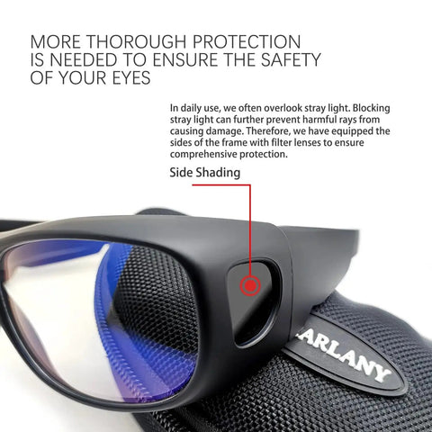 Side view of CO2 Laser Eye Protection Goggles For Laser Cutting And Engraving By Carlany With 9000 To 11000 Nm Filter Range And 10600 Nm Typical, OD Five Plus Absorption Filter, VLT Over 90 Percent, Lightweight Nylon Frame Fits Over Most Prescription Glasses, highlighting side shading feature.