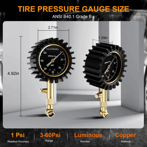 Automotive tire pressure gauge set: two 60 PSI glowing-dial gauges with brass fittings and black gear-style surrounds.