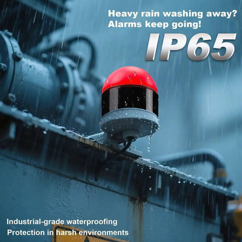 Red LED Signal Tower with IP65 rating under rain, showcasing Built Tough Industrial Three Color LED Signal Tower With Buzzer for Machinery Safety.