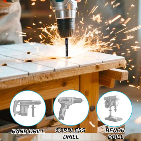 5 Piece Diamond Drill Bit Set For Tile Ceramic Glass Granite Marble And Masonry Pro Grade Brazed Diamond Bits With 1/4, 5/16, 3/8, 1/2 Inch Sizes And 1/4 Inch Hex Shank Core Hole Saw Kit For Precise DIY Drilling in use on tile surface.