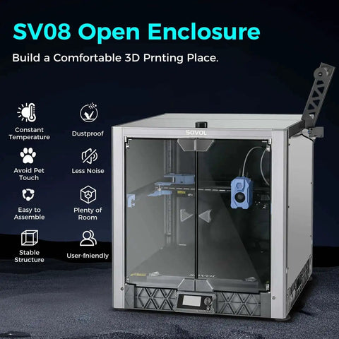 Metal and tempered glass open printer enclosure with drag chain and filter fan for SV08 upgrade on display.