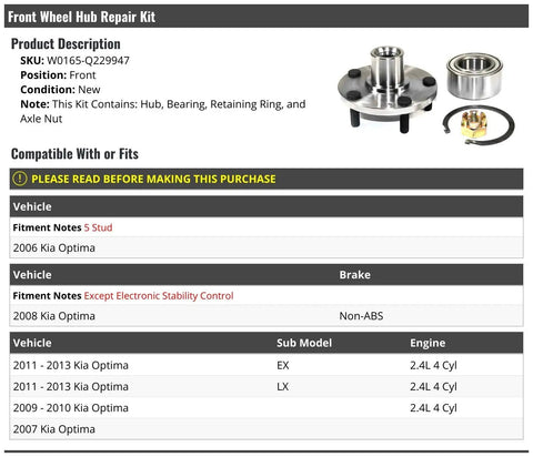 Front Wheel Bearing Hub Repair Kit For 5-Lug 2006-2013 Kia Optima 2.4L 4-Cylinder Includes Hub Bearing Retaining Ring And Axle Nut