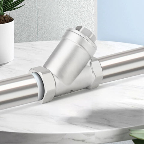 WYE Y check valve, 304 stainless steel, 1/4 in NPT female, installed on a metal pipe