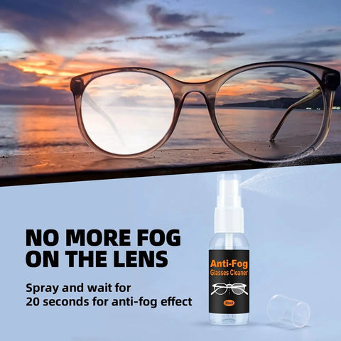Glasses Cleaning Kit With 24H Anti Fog Spray Microfiber Cloths Brush Wipes, featuring glasses and anti-fog spray bottle on sunset backdrop.