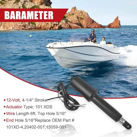 Boat Trim Tab Actuator Replacement For 102 Series Marine Trim Tabs, 12V 4-1/4 Inch Stroke, shown with boat on water background