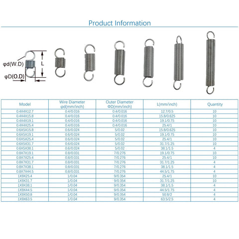 Extension springs kit by Saelno, 152 pcs in 20 sizes, zinc-plated steel, 0.4–1.0 mm wire.