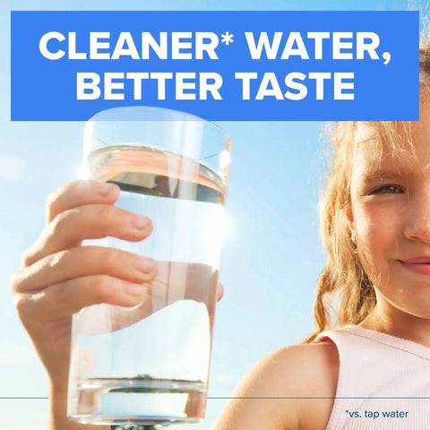 Child holding glass of filtered water, promoting Pack of 4 Standard Water Filters for Pitchers and Dispensers, BPA Free.