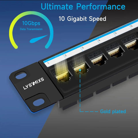 Close-up of 24 Port RJ45 Patch Panel Cat6 Pass Through showing gold plated ports with 10Gbps data transmission for home office cabling