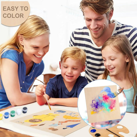 Family painting on basswood sheet with paintbrushes, paints, and craft materials, illustrating Four Pack Basswood Sheets 12 By 12 Unfinished One Twelfth Inch Plywood Blanks For Laser Cutting Engraving Burning And Crafts Perfect For DIY Makers Crafters And Creative Projects use.