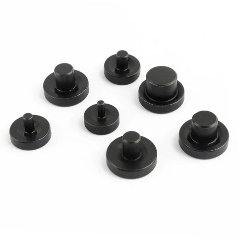 7 Piece Double Flare Tool Adapters For Brake Lines 3 Sixteenths To 5 Eighths Inch in black bearing steel laid out