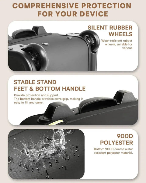 Close-up of silent rubber wheels and stable feet of Underseat Carry On Luggage With Wheels Airline Approved Personal Item Bag