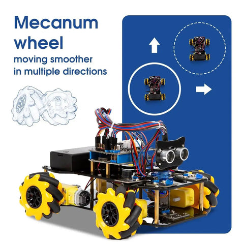 Smart Robot Car Kit For Arduino And ESP32 Controllers with Mecanum wheels for multidirectional movement, beginner STEM coding project.