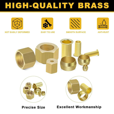 Six Size Brass Compression Fittings Kit With 255 Pieces Including Sleeves Ferrules Inserts Nuts For Tube Outer Diameter One Half Inch Through One Eighth Inch Perfect For Home DIY Plumbing Built To Endure Everyday Use For Handy Folks Siptenk with high-quality brass fittings displayed