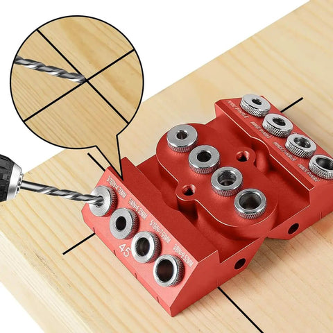 Pro Grade 30 45 90 Degree Drill Guide Jig For Straight Holes With Detachable Bushings And Positioning Bar on wooden surface