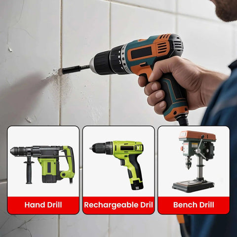 Hand holding drill with Premium 10 Pack Diamond Drill Bits Set For Ceramic Tile Glass Granite Marble Brick And Stone