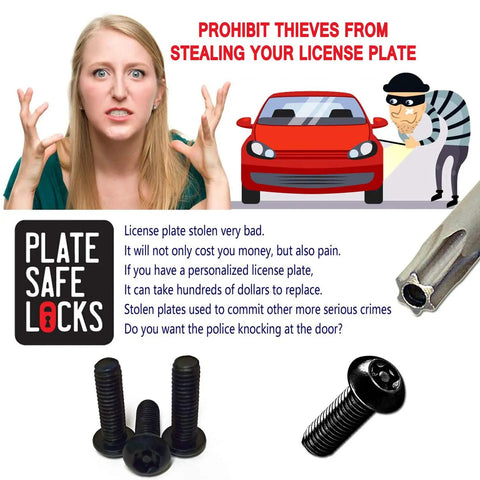 Anti Theft Black License Plate Screws Set For Cars Locking Bolts in M6 Stainless Steel, focusing on security features against theft.