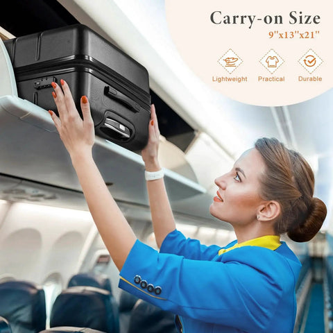 Flight attendant placing No Fuss Travel Carry On Luggage With Dual Spinner Wheels And Hard Shell ABS Lightweight Expandable 20 Inch Rolling Suitcase With TSA Lock In Bronze Black into overhead compartment.