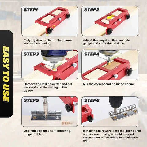 Aluminum Alloy Door Hinge Mortiser And Adjustable Jig For Hinge Installation From 2.5 Inch To 5 Inch In Length Supports Square Corner And Radius Hinges One Quarter Inch And Five Eighth Inch With Built In Depth Gauge For Precise Mortises demonstrating step-by-step installation process.