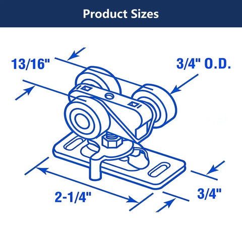 Diagram showing dimensions of 2 Pack 3/4 Inch Sliding Pocket Door Rollers Assembly With Nylon Wheels, metal base dimensions labeled.