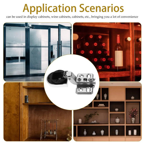 2 Pack Buffer Hinges For Glass Cabinet Doors With Soft Close And Corrosion-Resistant Iron Plastic Construction shown in various cabinets