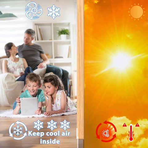 Illustration of family in a living room with symbols showing insulation benefits, such as reducing heat and maintaining cool air.