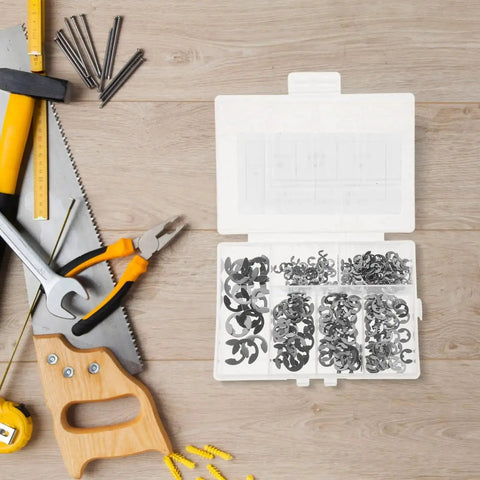 Open All In One Stainless Steel Hardware Kit Featuring 300 Pcs Open Split Washers And E Type Circlips 304 Stainless on table.