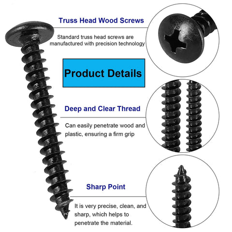 Black truss head Phillips screw, close-up view, showcasing sharp point and deep thread for 125 Pieces M4 Wood And Metal Screws Set With Black Truss Head Phillips Screws 8 12 16 20 30mm Type A Point Self Tapping Heavy Duty Fasteners For Furniture Cabinet DIY Projects Hardened Carbon Steel.