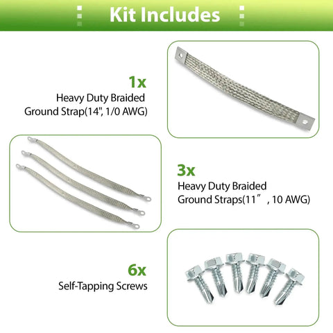 Heavy Duty Engine Ground Straps Kit with Braided Ground Wires for Battery Starter Chassis and Frame, 315 Amps, 1/0 AWG, screws included