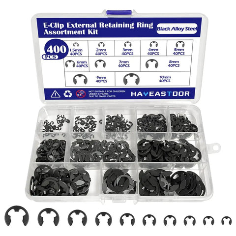 10 Size E Clips Assortment Kit With 400 Pieces External Retaining Rings Circlips 1.5mm To 10mm Black Alloy Steel in box.