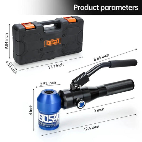 Aluminum Alloy Hydraulic Knockout Hole Punch Kit with case and dimensions labeled, includes 9-inch handle and blue punch unit