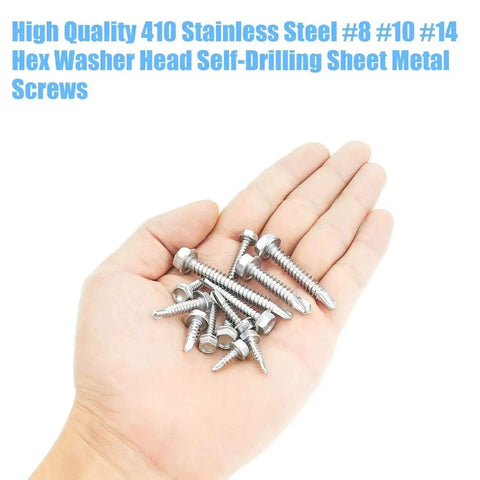 Hand holding 320 Piece 410 Stainless Steel Hex Washer Head Self Drilling Sheet Metal Screws Assortment Kit