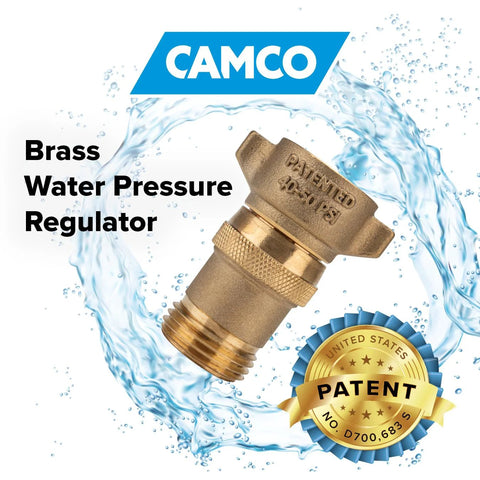 Camco brass RV water pressure regulator with threaded fittings for hoses and plumbing.