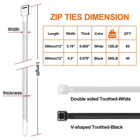 Diagram showing dimensions of Heavy Duty 12 Inch Zip Ties With 200Lbs Tensile Strength, V Shaped Toothed Double Sided Cable Ties.