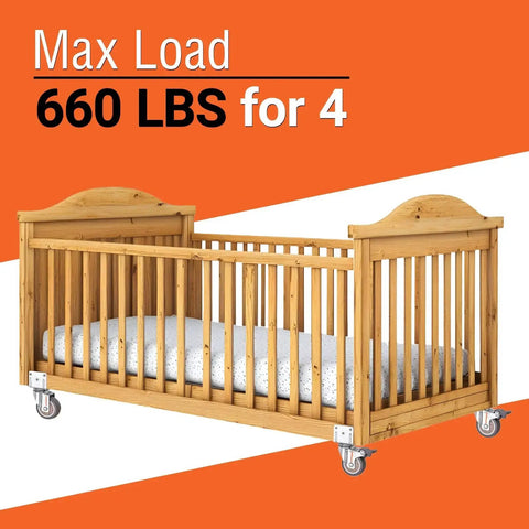 Wooden baby crib with 3 Inch Heavy Duty L Shape Side Mount Caster Wheels With Brake, showing max load 660 lbs