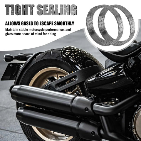 Exhaust gasket set, graphite-steel flange gaskets, 2-pack for Harley motorcycles, shown beside black exhaust pipes.