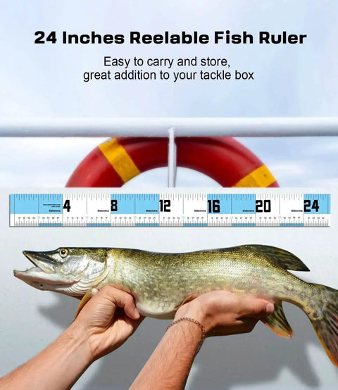 Reelable 24-inch fish ruler measuring length of a caught fish held by hands with a red and yellow lifebuoy in the background