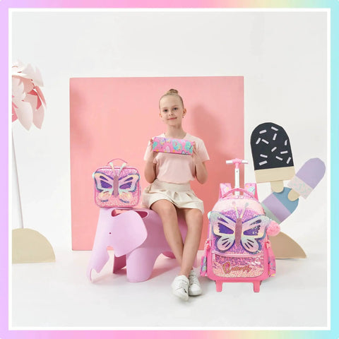 Rolling Backpack With Wheels For Girls 3 In 1 Travel Luggage Set with Lunch Box and Pencil Case, front view with girl holding case