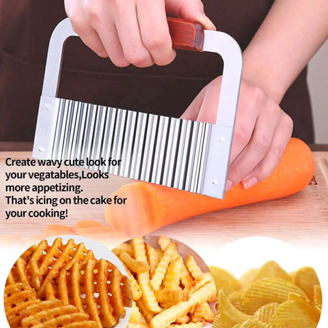Stainless Steel Crinkle Cutter For Vegetables And Fruits, Wavy Chopper Knife With Wood Handle in use on carrot