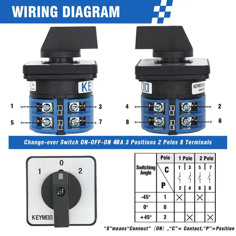 40A Rotary Changeover Switch for Industrial Power Control with 660V Rating, 3 Position ON OFF ON, 2 Poles, 8 Terminals