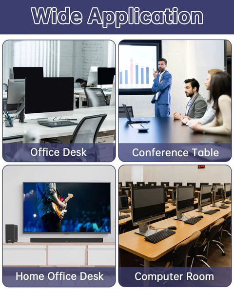 Various office settings showcasing uses of 2 Inch Desk Grommet And Cable Grommet Kit Black 10 Pack With 2 Inch Hole Saw