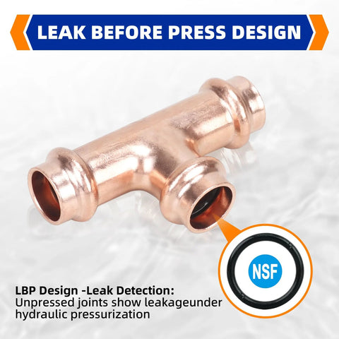 Znkiok 1/2 in copper Propress tee fitting with stop for copper pipe, NSF/ANSI 61.