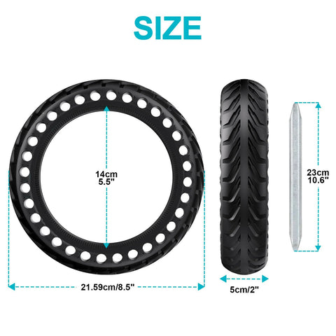 Two Pack Ready To Roll 50/75-6.1 Inch Solid Scooter Tires with tire spoon, shown in front and side view for 8.5 inch scooters.