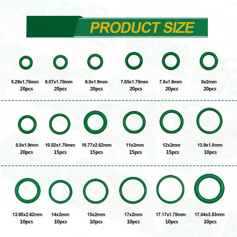 Car Air Conditioning Repair Kit With 270 O Ring Seals And 102 Valve Core Kit Plus Remover Tool For R12 R134a Refrigeration Systems showing multiple sizes of green O-ring seals