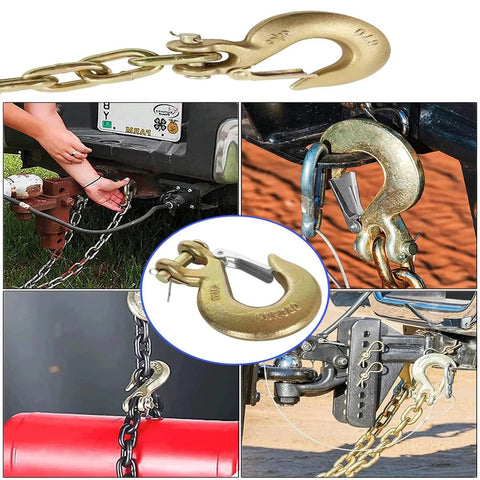 2 Pack 3/8 Inch Slip Hook With Safety Latch, G70 Forged Steel Tow Chain Hook in use on trailer and truck chains, 18,000 lbs capacity