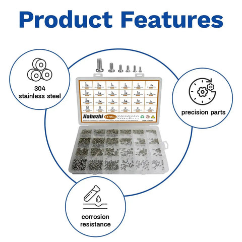 1110Pcs Stainless Steel Micro Screws And Nuts Set Metric M1 To M2.5 Sizes Phillips Pan Head Fully Threaded Ideal For Arduino Makers RC Models Electronics And DIY Projects Plus Handy Storage Case, featuring product features of 304 stainless steel, precision parts, and corrosion resistance displayed in a storage box.