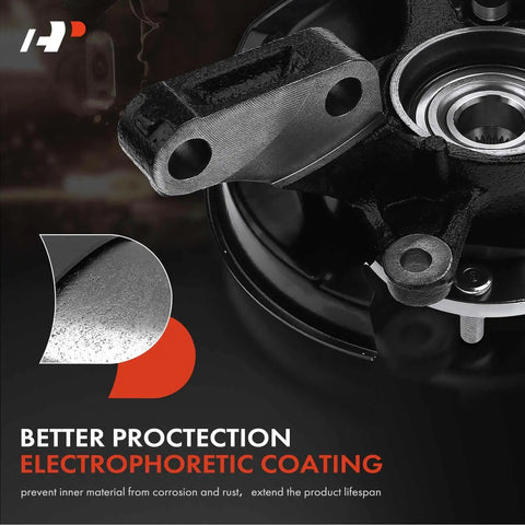 Close-up of electrophoretic-coated front right steering knuckle and wheel bearing hub assembly for Toyota Camry 1997-2001.