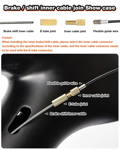 Installed view of LEBYCLE internal cable routing kit inside a bike frame with brass joints and flexible guide wire.