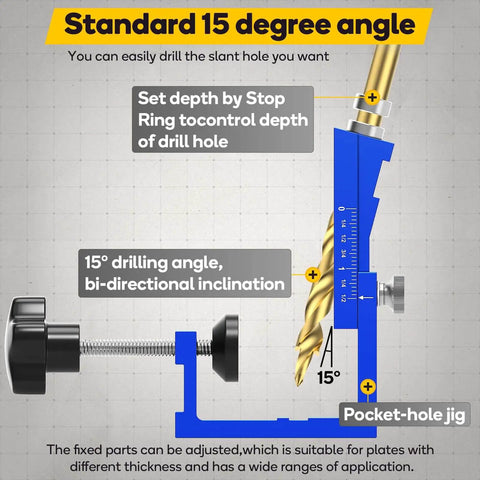 Pocket Hole Jig Kit For 15 Degree Angled Holes All Metal Woodworking Drill Guide For Precise Dowel Joints Aluminum Alloy Construction diagram