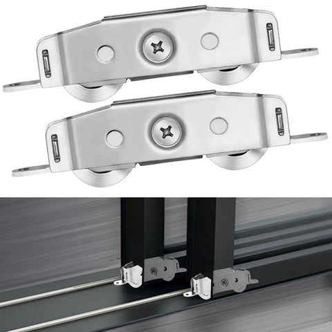 304 Stainless Steel Heavy Duty Sliding Door Rollers Set With Ball Tandem Wheels Bearing For Patio Glass Doors Height Adjustable Roller Assembly Supports Up To 300 Pounds Durable Replacement 2 Pack, shown installed on door track